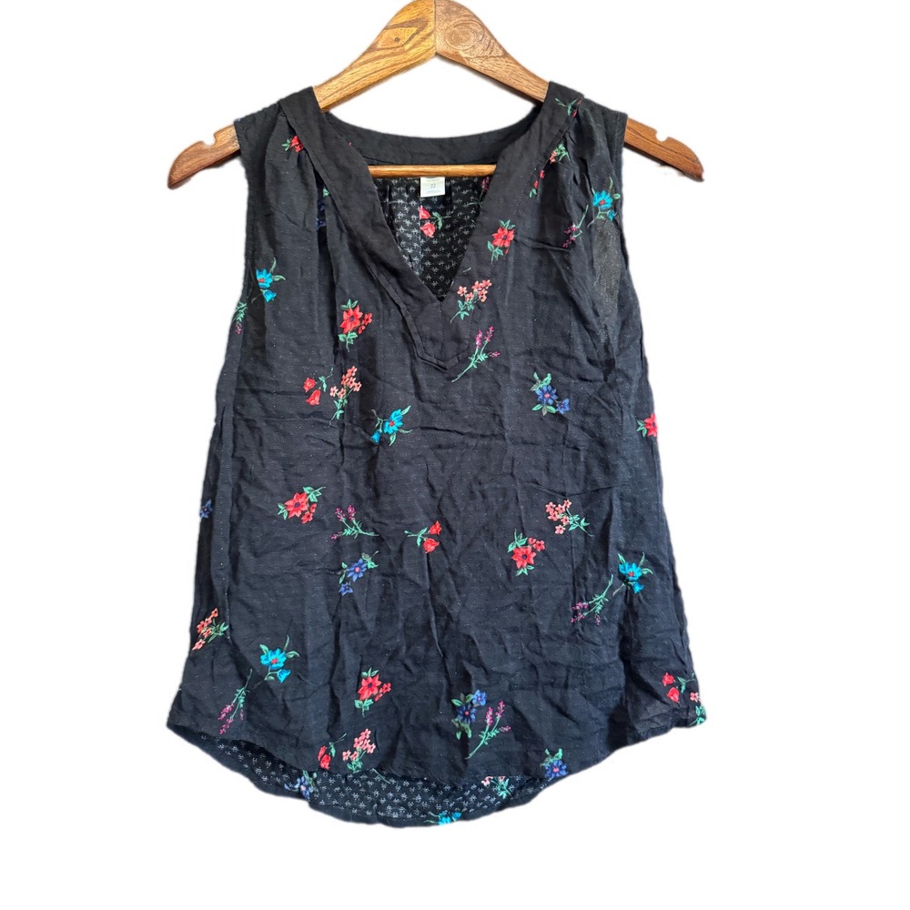 Old Navy Floral Sleeveless Blouse Womens XS Black Excellent V-Neck Rayon Dobby